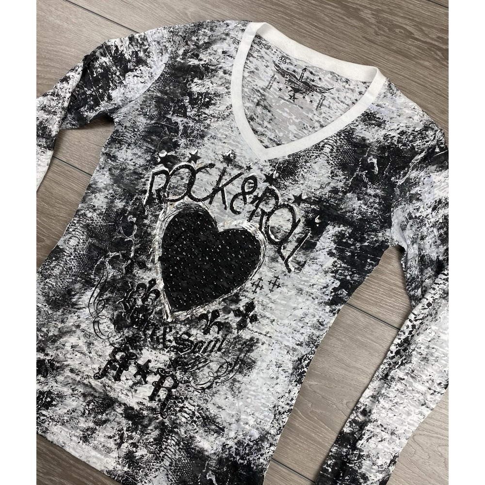 Rock And Roll Cowgirl Women's Long Sleeve Embellished Graphic Tee Large New